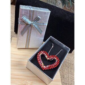 Red Rhinestone Heart Pendant Necklace With Silver Chain & Gift Box